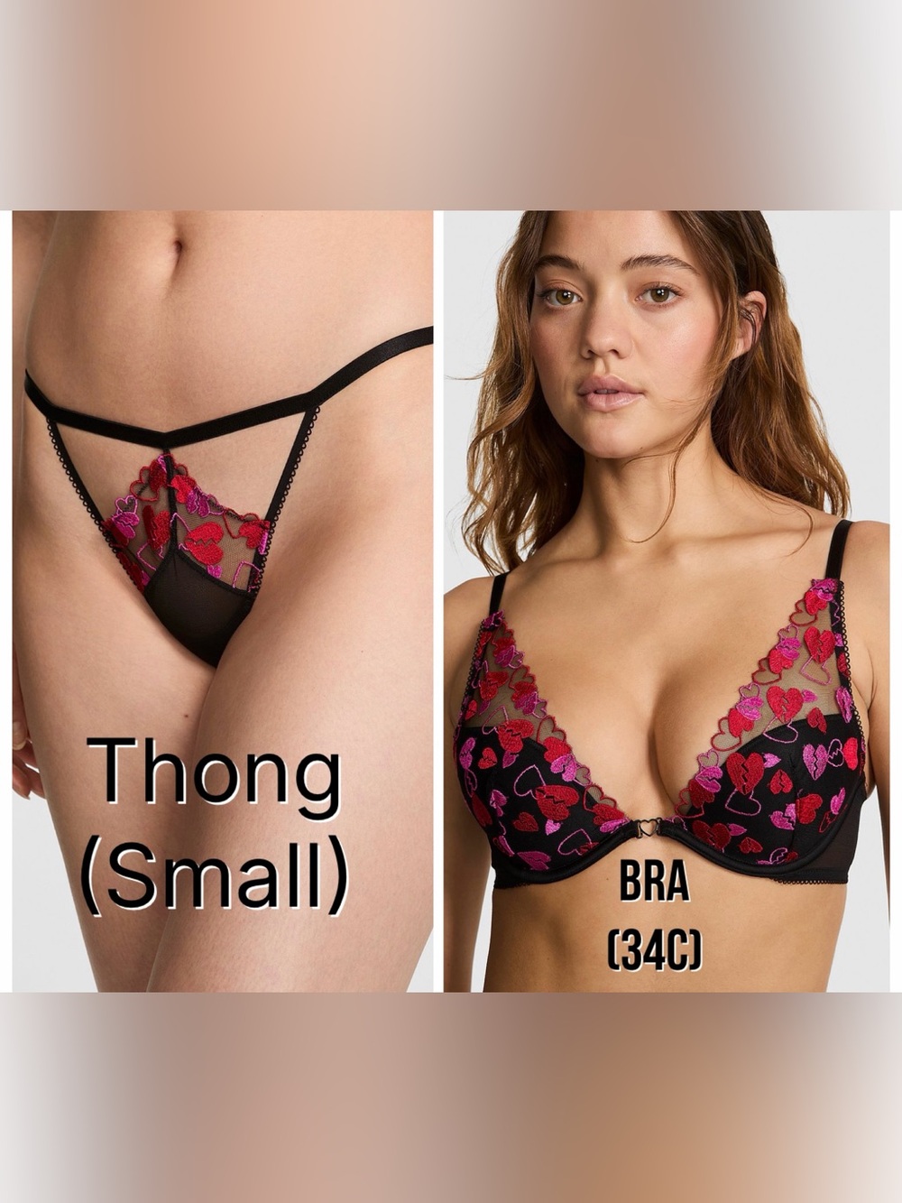 PINK Victoria’s Secret Black Lace Bra & Thong Set with Red and Floral Embroidery